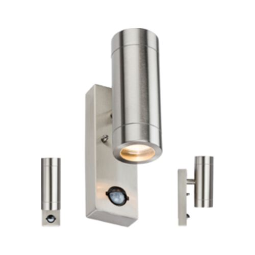 230V IP44 2 X GU10 Stainless Steel Up/Down Wall Light with PIR Code: WALL4LSS