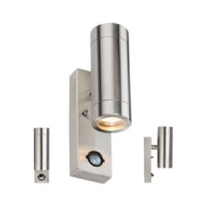 Browse 230V IP44 2 X GU10 Stainless Steel Up/Down Wall Light with PIR Code: WALL4LSS