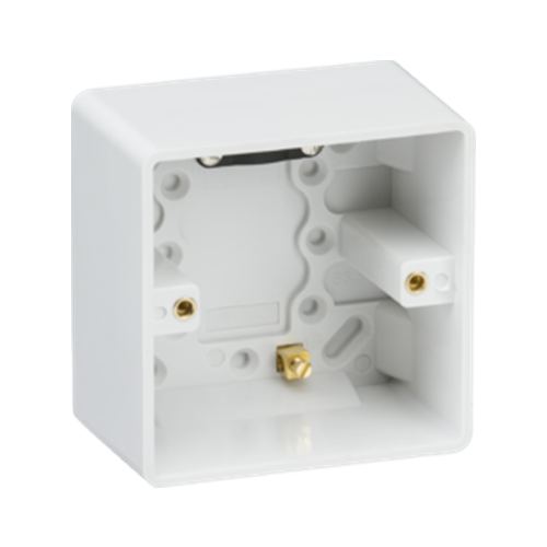 Curved Edge Single 47mm Pattress Box with Earth Terminal and Cable Strain Relief Code: CU1610