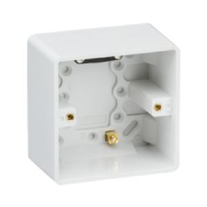 Browse Curved Edge Single 47mm Pattress Box with Earth Terminal and Cable Strain Relief Code: CU1610